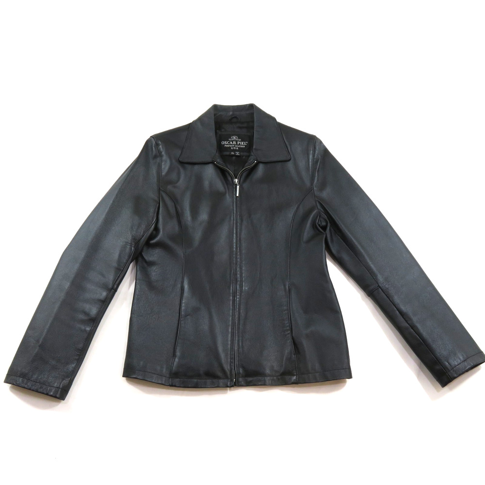Oscar Piel Leather Jacket Black Zip Sz L-XL Womens